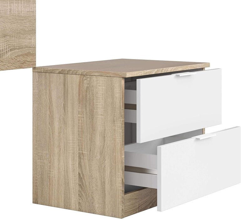 Comodino in Rovere Canadian e Bianco Artik con due cassetti aperti. Design compatto e funzionale per camere da letto moderne.