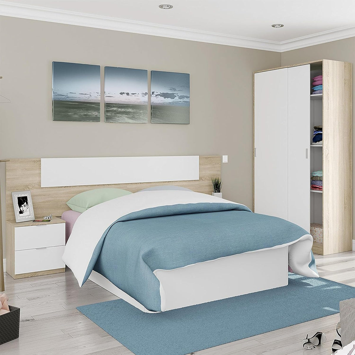Camera moderna con armadio bianco 2 ante scorrevoli 120x50x200 abbinato a letto e comodino, arredo elegante e funzionale.