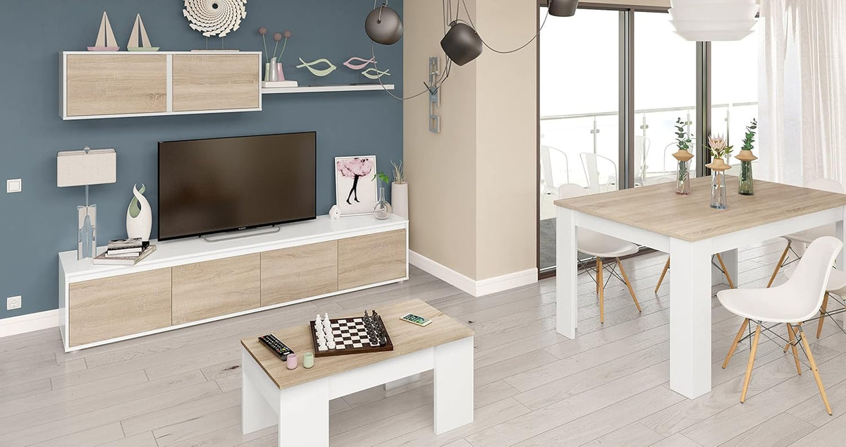 Tavolo allungabile bianco lucido 90x140/190 cm in un soggiorno moderno. Arredo coordinato con mobili in rovere e bianco.