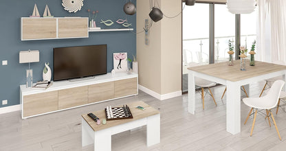 Tavolo allungabile bianco lucido 90x140/190 cm in un soggiorno moderno. Arredo coordinato con mobili in rovere e bianco.