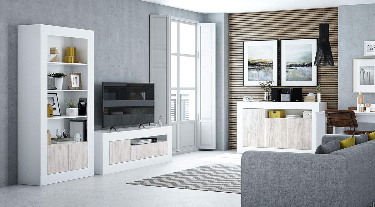Mobile TV bianco Baltik in un ambiente luminoso e moderno, perfetto per organizzare dispositivi e decorazioni.