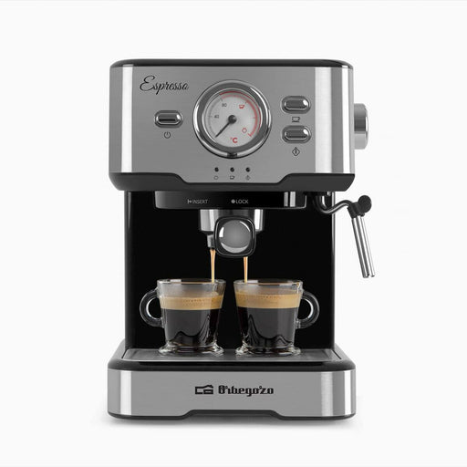 Caffettiera Superautomatica Orbegozo 17762 in acciaio inox argento, con doppio erogatore per espresso e design elegante da 1,5 L.