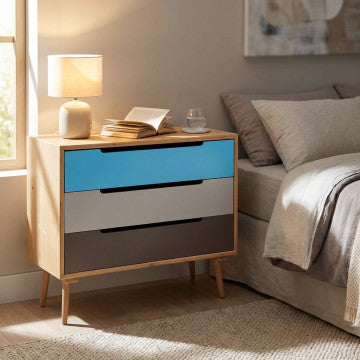 Mobile con struttura MDF, gambe pino, top marrone, 3 cassetti colorati