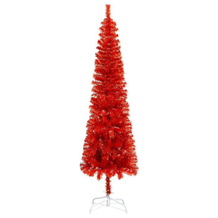 Albero di Natale Preilluminato Sottile con Palline Rosso 150 cm PVC