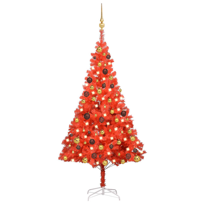 Albero di Natale Preilluminato Sottile con Palline Rosso 150 cm PVC