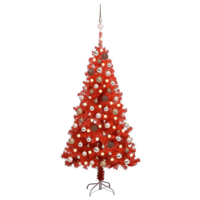 Albero di Natale Preilluminato Sottile con Palline Rosso 150 cm PVC