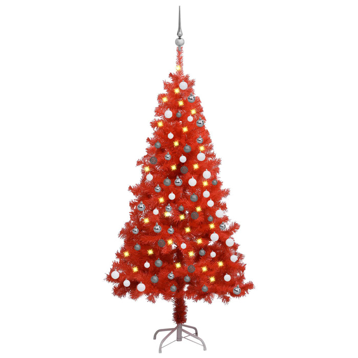 Albero di Natale Preilluminato Sottile con Palline Rosso 150 cm PVC