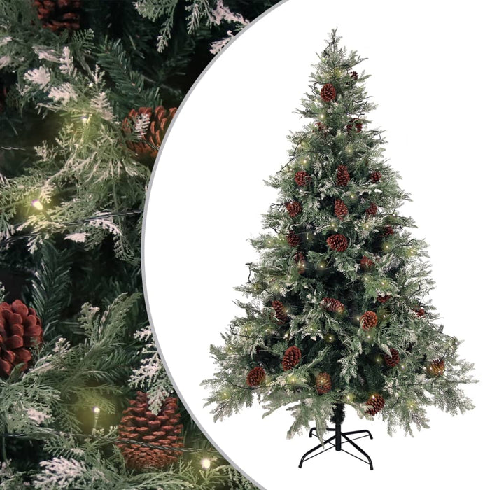 Albero di Natale Artificiale Sottile con Base e Albero di Natale con Luci e Pigne PVC e PE