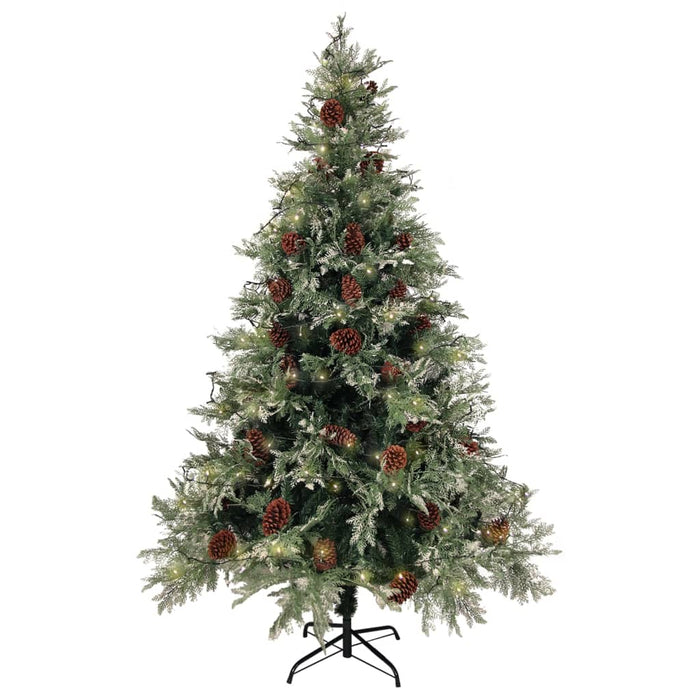 Albero di Natale Artificiale Sottile con Base e Albero di Natale con Luci e Pigne PVC e PE