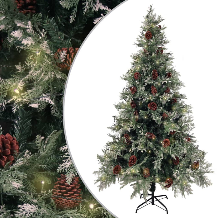 Albero di Natale Artificiale Sottile con Base e Albero di Natale con Luci e Pigne PVC e PE