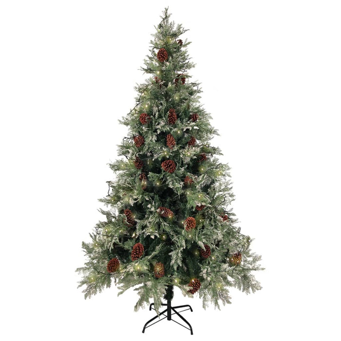 Albero di Natale Artificiale Sottile con Base e Albero di Natale con Luci e Pigne PVC e PE