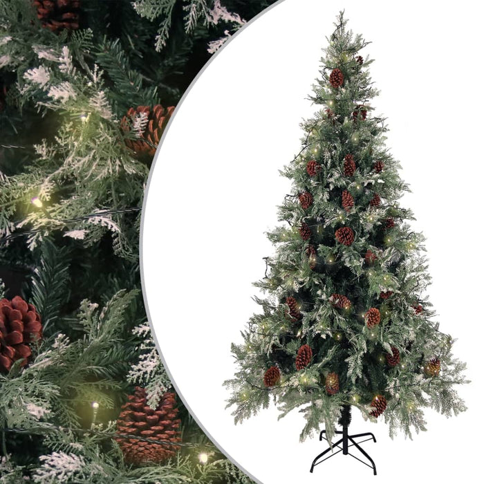 Albero di Natale Artificiale Sottile con Base e Albero di Natale con Luci e Pigne PVC e PE