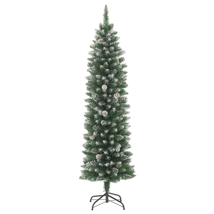 Albero di Natale Artificiale Sottile con Base e Albero di Natale con Luci e Pigne PVC e PE