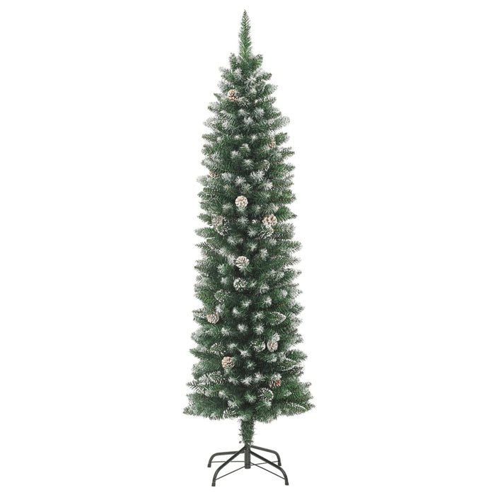 Albero di Natale Artificiale Sottile con Base e Albero di Natale con Luci e Pigne PVC e PE