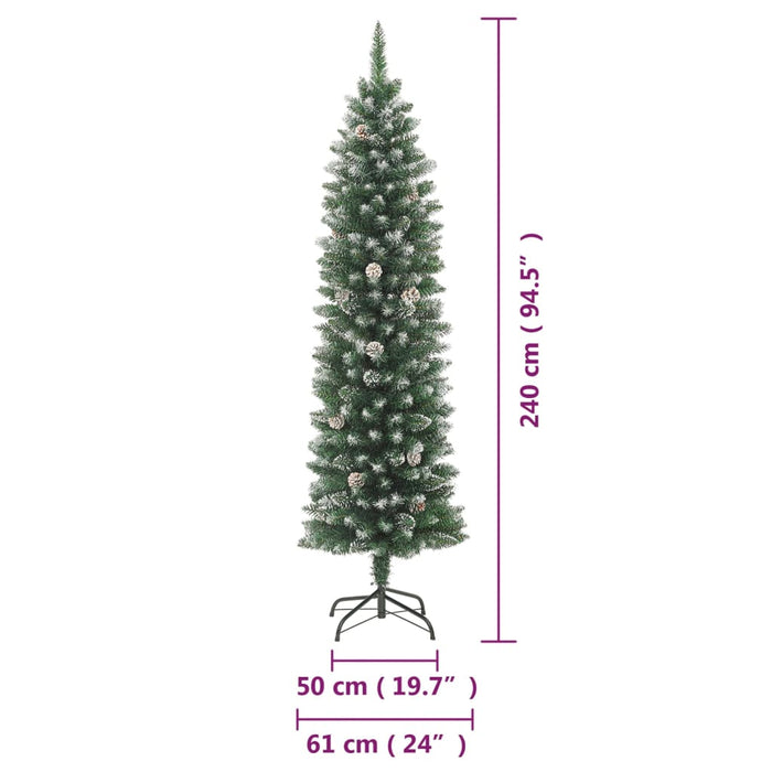 Albero di Natale Artificiale Sottile con Base e Albero di Natale con Luci e Pigne PVC e PE