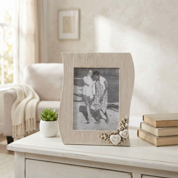 Portafoto in MDF con decoro onda, colore tortora e bianco 17x22 cm