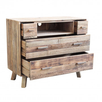 Cassettiera 4 cassetti 1 ripiano legno pino riciclato 110x48x92cm