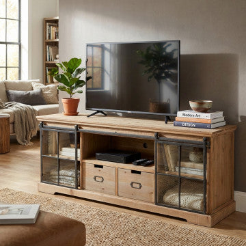 Mobile in legno e acciaio con ripiano, 2 cassetti e 2 ante vetrate