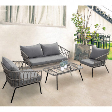 Set Salotto Yemen da esterno con struttura in metallo e cuscini grigi, ideale per arredare spazi relax moderni e giardini.