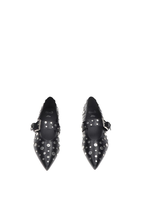 2258-421 Ballerine Ecopelle Con Borchie E Cinturino Regolabile Sottopiede In Pelle Fondo Gomma Tacco 1 Cm