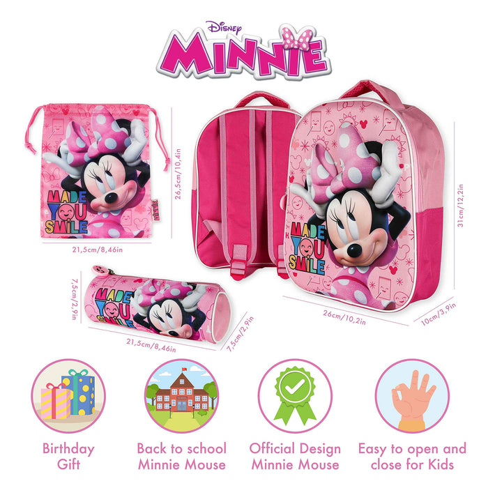 BONNYCO Zaino e Astuccio Scuola Elementare 3D Minnie Mouse - Set per Bambini da 3 Anni