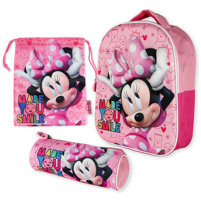 BONNYCO Zaino e Astuccio Scuola Elementare 3D Minnie Mouse - Set per Bambini da 3 Anni