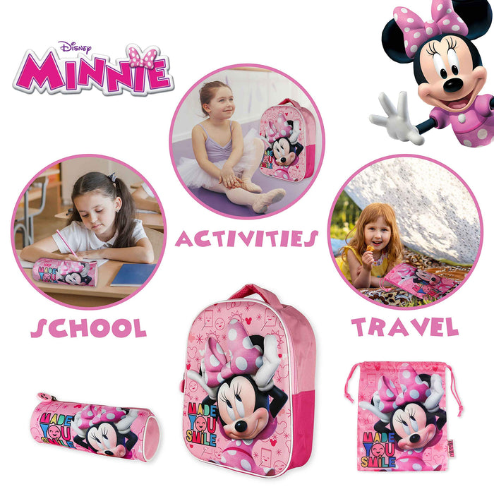 BONNYCO Zaino e Astuccio Scuola Elementare 3D Minnie Mouse - Set per Bambini da 3 Anni