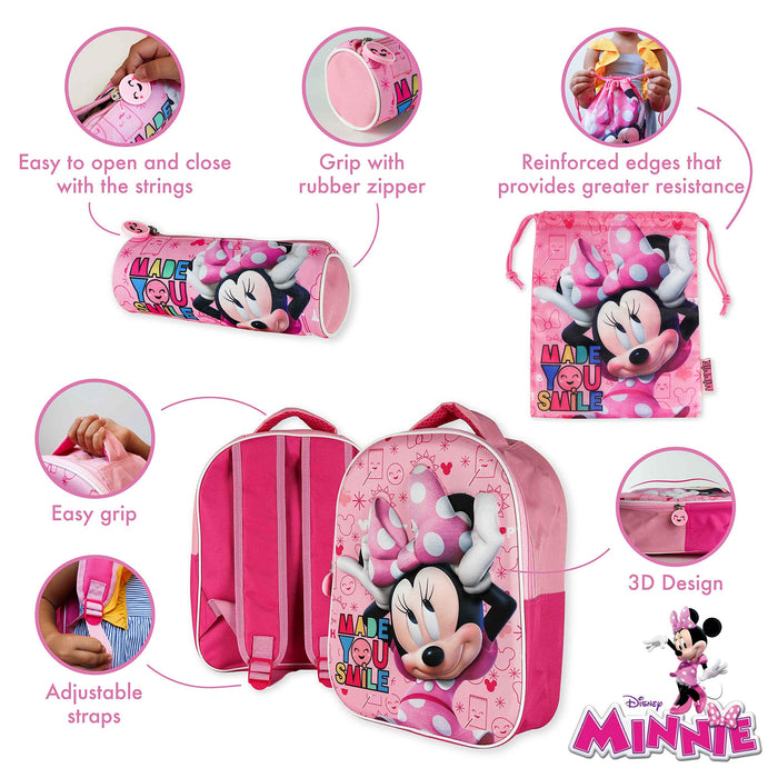 BONNYCO Zaino e Astuccio Scuola Elementare 3D Minnie Mouse - Set per Bambini da 3 Anni