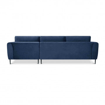 Divano con chaise longue in tessuto blu, gambe in metallo