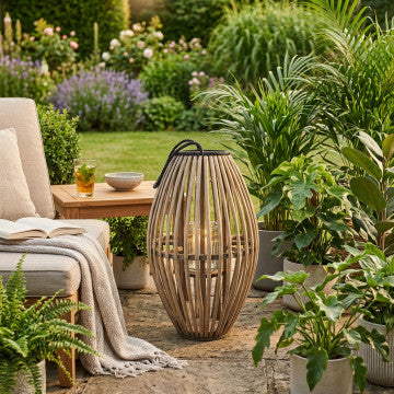 Lanterna in vimini grigio con vetro, diametro 34 cm, altezza 60 cm