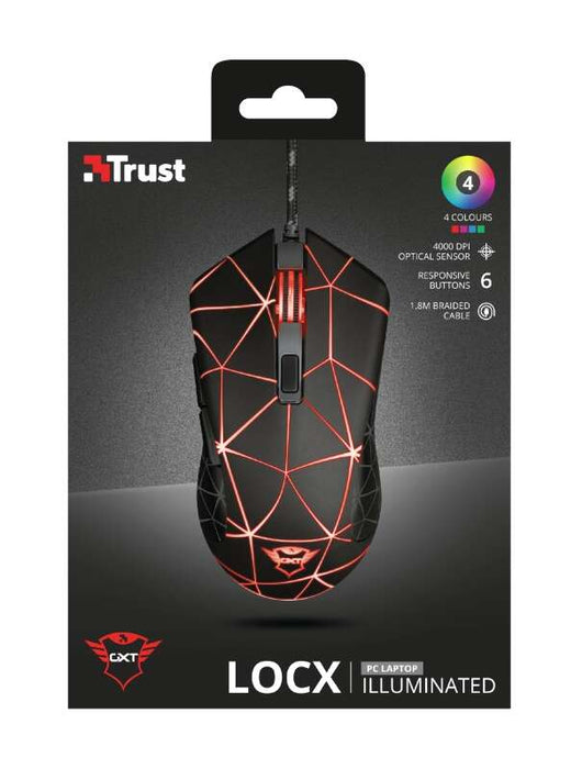 Trust Gaming GXT 133 Locx Mouse USB 4000dpi - 6 Pulsanti - Illuminazione LED - Cavo Intrecciato 1.80m - Uso Ambidestro - Colore Nero
