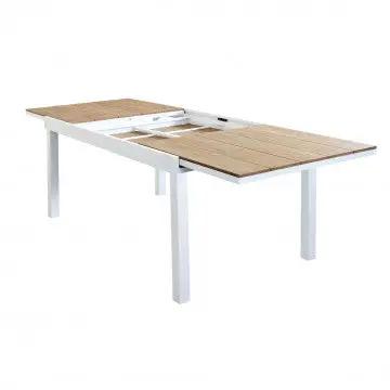 Table Extensible Cayman 160/240 X 95 en Aluminium Blanc/Taupe avec Plateau Polywood Teck