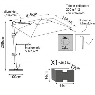Ombrellone rettangolare 3x4 m palo alluminio 53x77 mm 8 stecche
