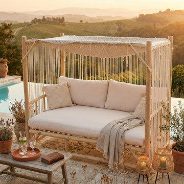 Gazebo letto in teak con cuscini, 236x134x188 cm, colore marrone chiaro