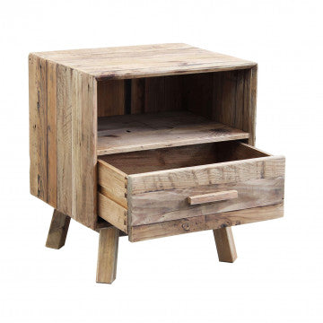 Comodino in legno di pino riciclato con cassetto e ripiano