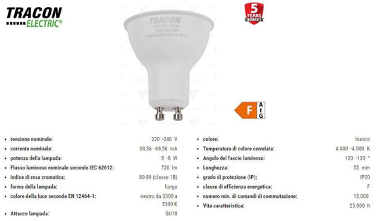Faretto LED SMD 8W Bianco Naturale 4000K 630lm