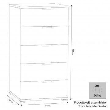 Mobiletto 5 cassetti rovere grigio 75x38x103 cm truciolare