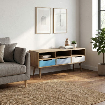 Porta TV MDF con gambe legno pino, 3 ripiani 3 cassetti, 120x35,5x29,5 cm