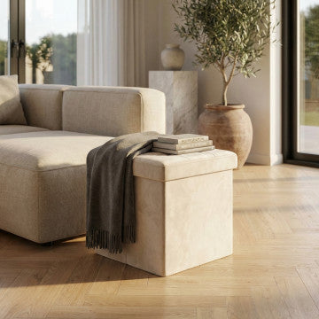 Pouf contenitore quadrato velluto beige 38x38x38 cm