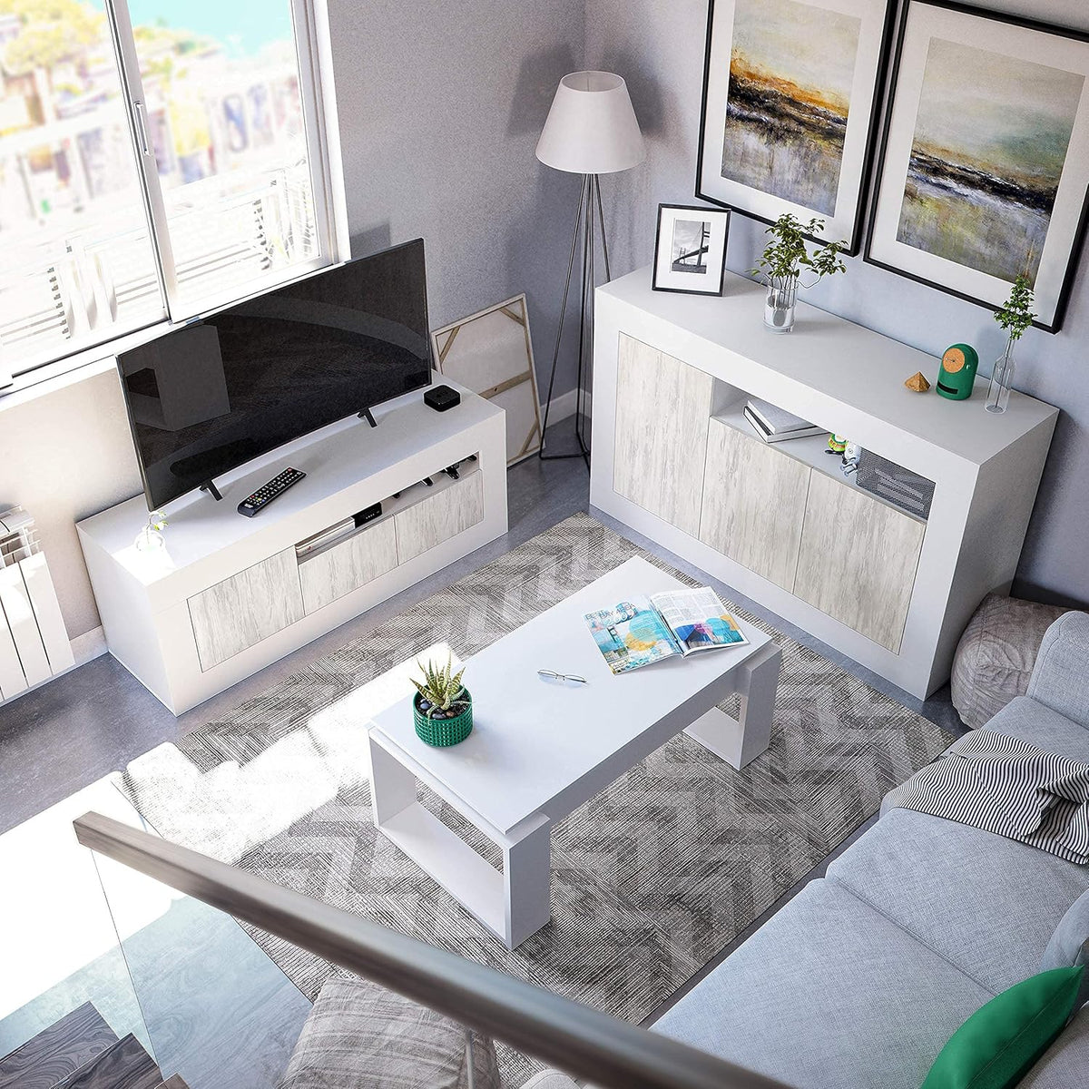 Mobile TV bianco Baltik in un salotto accogliente, combinato con mobili coordinati e decorazioni moderne.