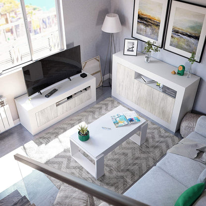 Mobile TV bianco Baltik in un salotto accogliente, combinato con mobili coordinati e decorazioni moderne.