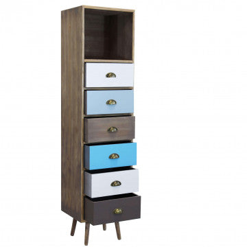 Mobiletto con struttura MDF, gambe pino, top naturale, 1 ripiano e 6 cassetti