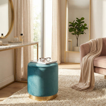 Pouf contenitore rotondo in velluto verde, diametro 37 cm, altezza 40 cm