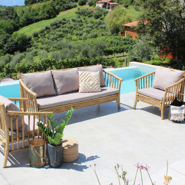 Divano in legno di bamboo con cuscino, dimensioni 195x67 cm
