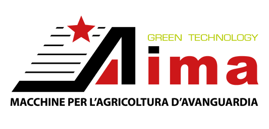 Logo AIMA con scritta verde e rosso, simbolo di tecnologia green, per attrezzi agricoli e macchinari da giardinaggio