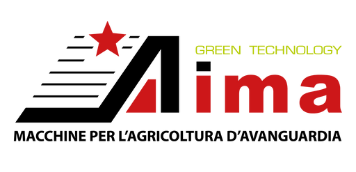 Logo AIMA con scritta verde e rosso, simbolo di tecnologia green, per attrezzi da giardinaggio e agricoltura professionale