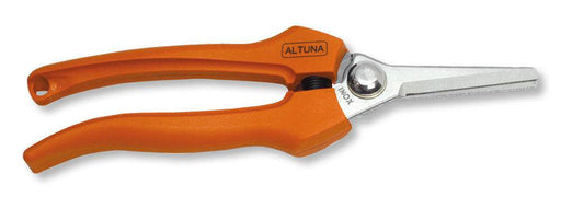 Forbici raccolta professionali in acciaio inox con lame arrotondate da 185mm, manici ergonomici arancioni, fodero di protezione incluso, ideali per giardinaggio
