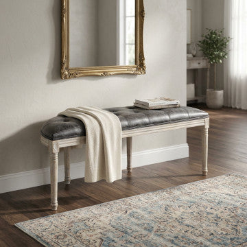 Panca in legno con rivestimento ecopelle vintage, 125x45x48 cm