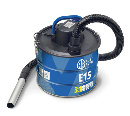Aspiracenere elettrico Blue Clean 15L 1000W con tubo flessibile e filtro HEPA lavabile, ideale per ceneri e polveri, in colore blu e nero.