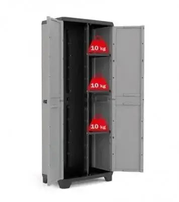 Armadio portascope Stilo Cabinet Utility in resina, 68x39x173 cm, con ripiani regolabili da 10 kg ciascuno, porte aperte.